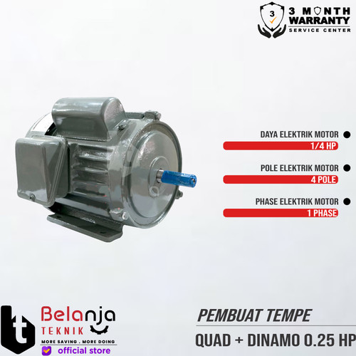 QUAD Mesin Pemecah Kedelai Pembuat Tempe +Electro Motor Dinamo 0.25 HP