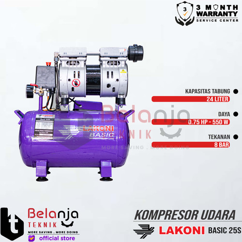 Mesin Kompresor Angin Lakoni 25S 0.75HP 3/4HP Oilless Silent 25 S 24L