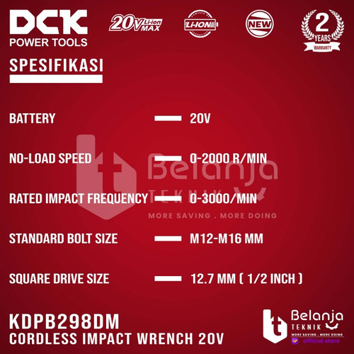 DCK Mesin Impact Wrench Baterai KDPB298 Z 1/2 Inch Cordless Brushless 20V KDPB 298 Z KDPB298Z