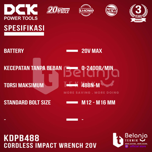 DCK Impact Wrench Baterai 1/2 In KDPB488 Pembuka Baut Unit Only 20V