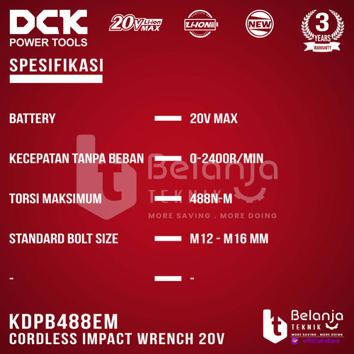 DCK Impact Wrench Baterai 1/2 In KDPB488EM Pembuka Baut Brushless 20V