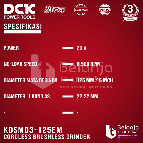 DCK Cordless Brushless Grinder KDSM03-125EM 5 Inch 20V Gerinda Baterai