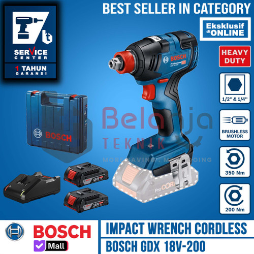 Bosch Mesin Impact Wrench Cordless GDX 18V-200 Charger Baterai X2 18V