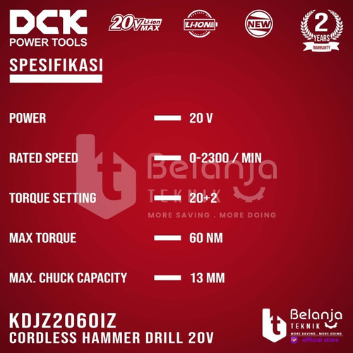 DCK Cordless Hammer Drill KDJZ2060iEM 20V Bor Impact Baterai Set2 4 AH
