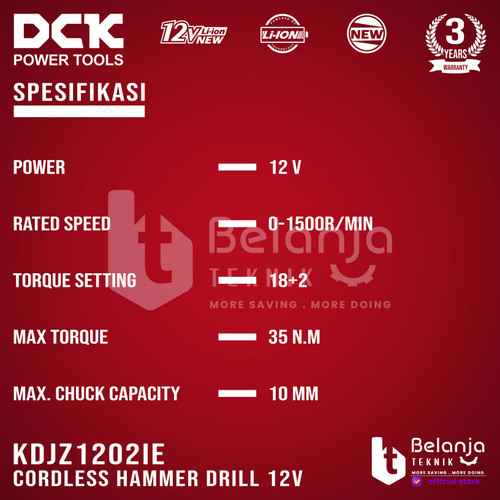 DCK Cordless Hammer Drill KDJZ1202iE 12V Bor Impact Baterai KDJZ 1202
