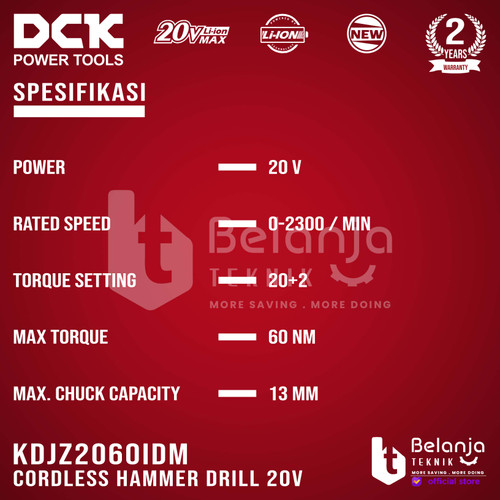 DCK Cordless Hammer Drill KDJZ2060iDM 20V Bor Impact Baterai KDJZ 2060