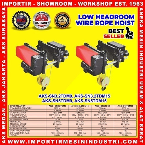 Original Headroom Wire Rope Hoist 5 Ton / 5000 Kg 15 meter - SN5TDM15