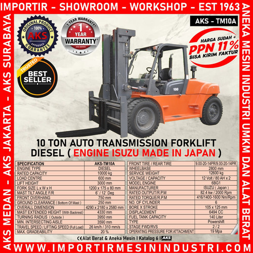 Forklift Max 10 Ton / 3 m Auto Transmission Diesel Engine ISUZU TM10A