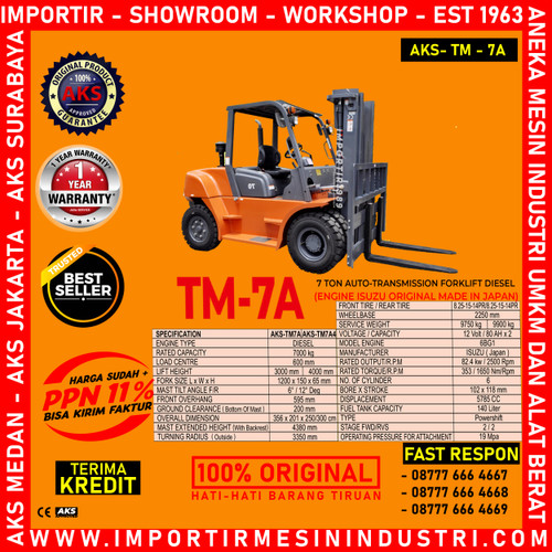 Forklift 7 Ton 3 m Manual Transmission Diesel Engine ISUZU 82.4 Kw AKS