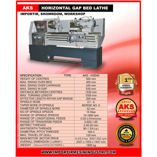 Bubut Logam Besi Horizontal GAP Bed Lathe 1000mm HI2040 Original