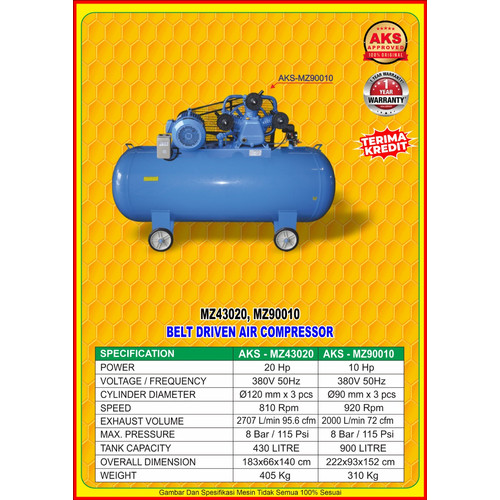Belt Driven Air Compressor Dinamo Kompresor Angin 20 Hp 430 L 810 Rpm