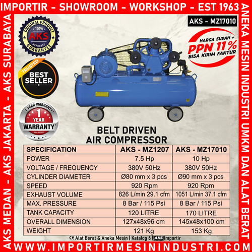 Kompresor Angin Belt Driven Air Compressor Dinamo LISTRIK  10 Hp 170 L 8 Bar