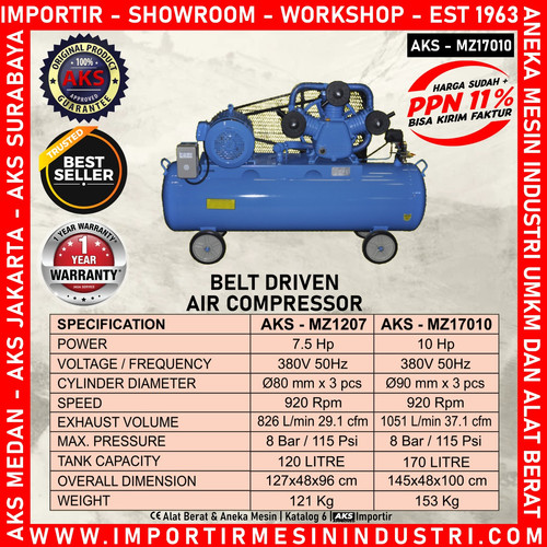 Kompresor  LISTRIK Angin Udara Belt Driven Air Compressor Dinamo 10 Hp 170 LTR