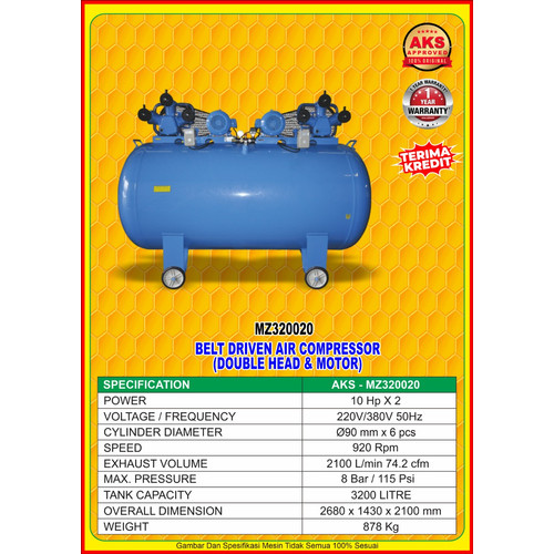 Belt Driven Air Compressor Dinamo Kompresor Angin Udara 10 Hp 3200 L