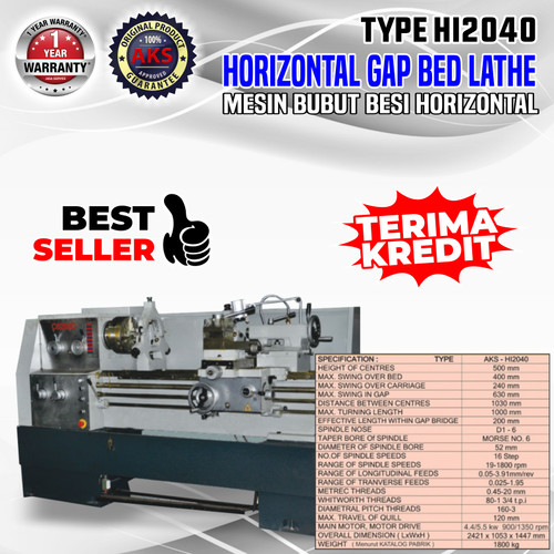 GAP Bed Lathe Machine 400 x 1030 mm HI2040 Mesin Bubut Besi Horizontal