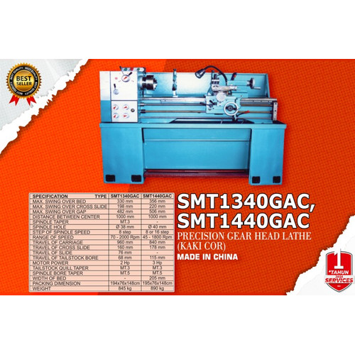 SMT1440GAC Mesin Bubut Besi Precision Gear Head Lathe Machine 35x100cm