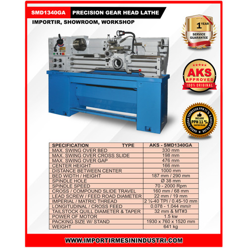 Mesin Bubut Besi 330 x 1000 mm Precision Head Lathe Machines SMD1340GA