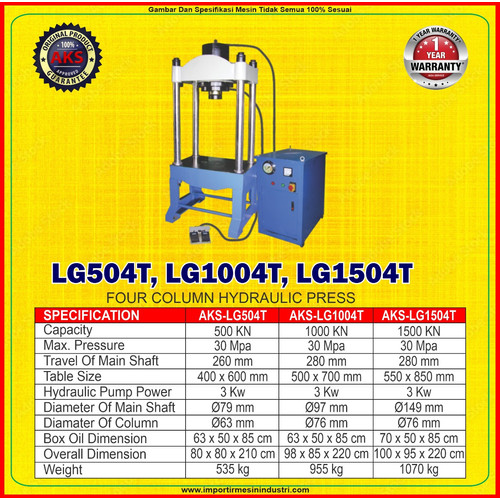 Mesin Pres 4 Tiang Hidrolik kapasitas 150 Ton 3 Kw 15 Ton - LG1504T