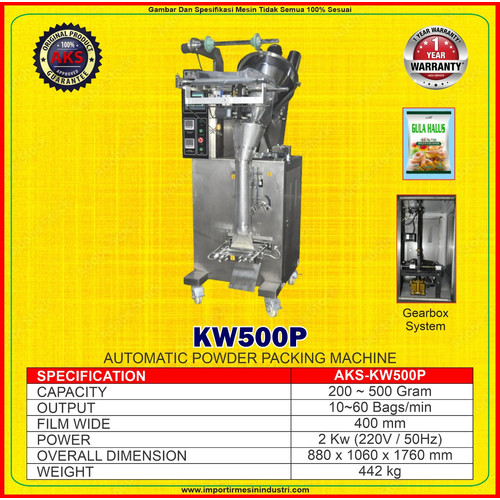 Pengemas Bubuk Otomatis Kapasitas 200 - 500G - 10-60 Bag/Min 2Kw