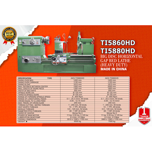TI5880HD Mesin Bubut Besi Logam 145 x 200 cm Horizontal Gap Bed Lathe