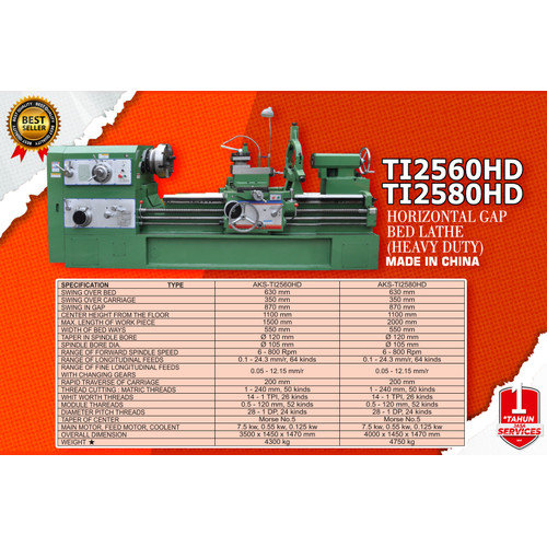 Horizontal Gap Bed Lathe TI2580HD Mesin Bubut Besi Logam 63x200cm