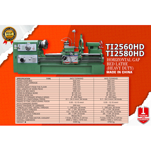 Horizontal Gap Bed Lathe TI2560HD Mesin Bubut Besi Logam 63x150cm