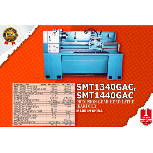 SMT1440GAC Mesin Bubut Besi Precision Gear Head Lathe 35 x 100 cm