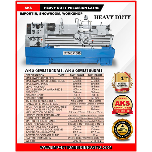 Heavy Duty Precision Lathe 1500 mm SMD1860MT Mesin Bubut Besi Logam