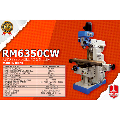 Drilling Milling Machine RM6350CW Mesin Bor Duduk 50mm 2,2Kw 100x25mm