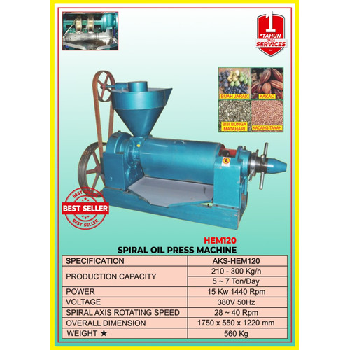 Mesin Alat Ekstraksi dan Press Minyak Spiral Oil Machine HEM120