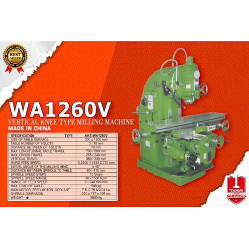 Mesin Milling Vertical Knee Metal Working Machine 2800 Kg-A1260V