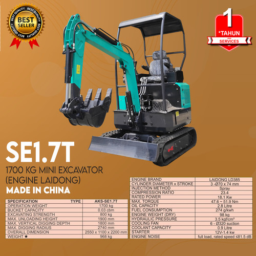 Hydraulic Construction Backhoe Mini Excavator 1.7 Ton 9 Kw AKS SE1.7T