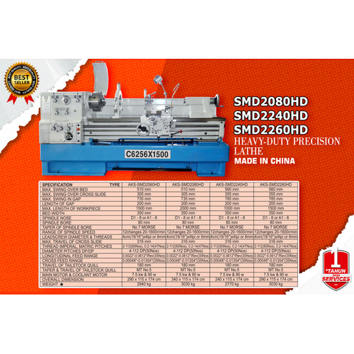Mesin Bubut Besi Logam Precision Lathe Machine 560 x 1000 mm SMD2240HD