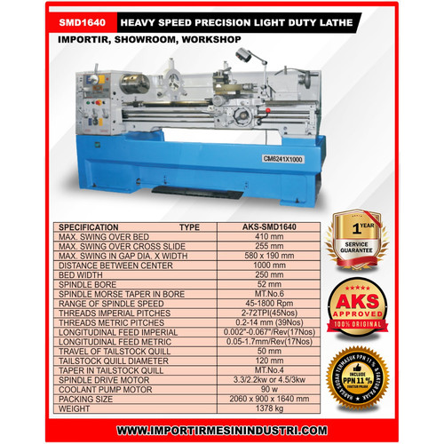 Mesin Bubut Besi Logam High Sped Precision Lathe 410 x 1000 mm SMD1640