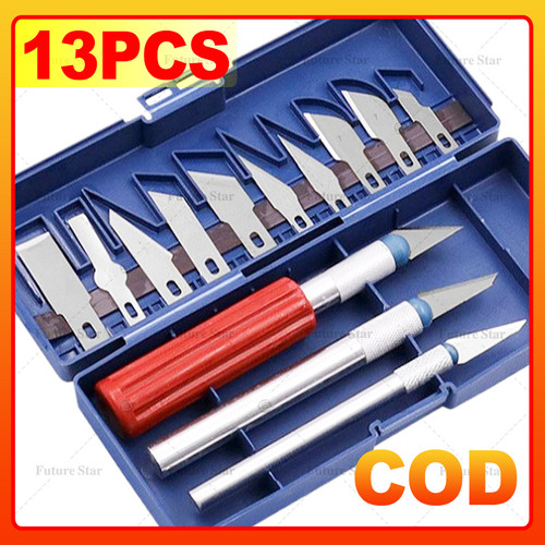 13 in 1 Pisau Ukir Seni Hobby Cutter Metal Handle Exacto Knife Blades Set 8/14 isi Kit SK5 Carbon Steel Precision Carving for Art, Craft, Hobby, Scrapbooking, Stencil,Sharp Precise Cutting Pisau Bonsai Sayat Ukir