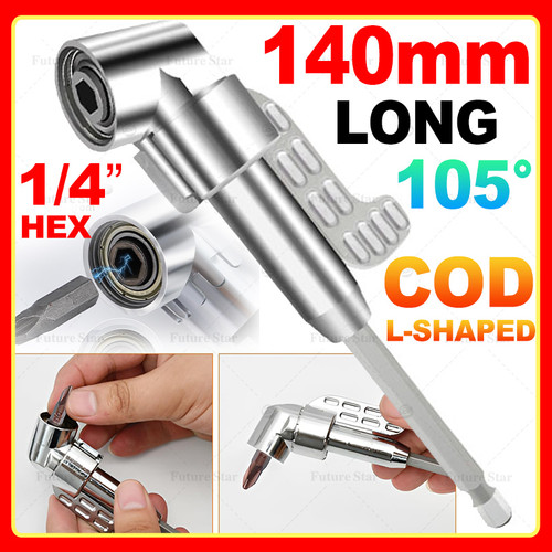 Mata Bor Siku Drill Extension Obeng L Shape Panjang Angle 1/4 Hex Bit Socket Kit Ekstensi Set 105 Degree Right Angle Drill Adapter Power Drill Screwdriver Attachment Long 55mm 140mm