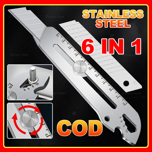 Pisau Cutter 6 in 1 set/ Utility Knife / 11pcs Multifungsi 18mm Besi Baja Besar Pisau Set 10pc Blade Stainless Steel Alat Pemotong Kertas Tool Cutter, Cardboard Cutter, Heavy Duty