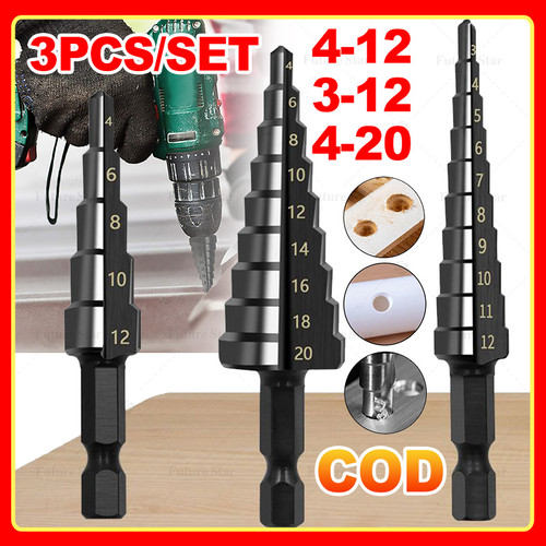 Mata Bor Pagoda Besi 3 Pcs Set / Cone Step Drill Bits Set /Untuk Baja Spiral HSS Steel Titanium Coated Hole Saw 3-12mm/4-12mm/4-20mm For Sheet Metal, Stainless Steel, Aluminum, Plastic