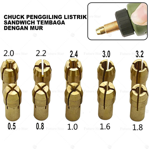 Best Quality Chuck Mata Kepala Bor Mini  Drill Brass Golden Collet 11pcs Set Shaft For Dremel Rotary Tool 0.5/0.8/1.0/1.2/1.6/1.8/2.0/2.2/2.4/3.0/3.2mm Power - 11pcs