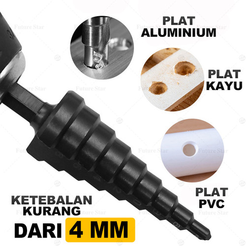 Mata Bor Pagoda Besi 3 Pcs Set / Cone Step Drill Bits Set /Untuk Baja Spiral HSS Steel Titanium Coated Hole Saw 3-12mm/4-12mm/4-20mm For Sheet Metal, Stainless Steel, Aluminum, Plastic