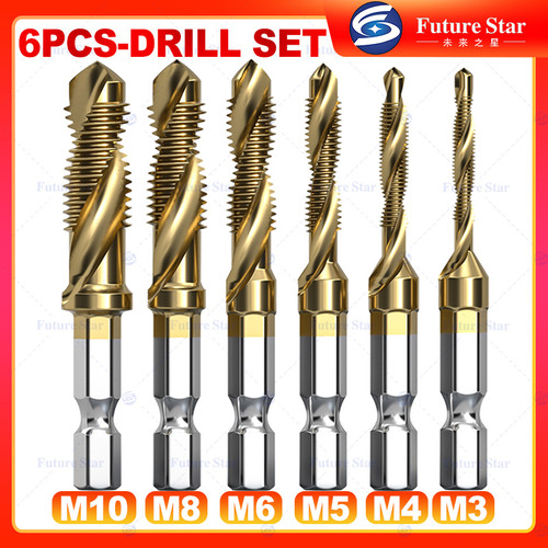 Mata Bor Pembuat Ulir 6PCS Titanium Combination Drill and Tap Bit Set Metric M3-M10 HSS Screw Tapping Bits Twist Spiral Tapper Baut For Drilling Tapping Deburring Center Punch Tool 1/4" Hex Shank 3 Functions in 1