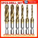 Mata Bor Pembuat Ulir 6PCS Titanium Combination Drill and Tap Bit Set Metric M3-M10 HSS Screw Tapping Bits Twist Spiral Tapper Baut For Drilling Tapping Deburring Center Punch Tool 1/4" Hex Shank 3 Functions in 1