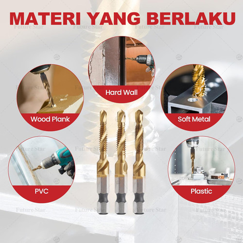 Mata Bor Pembuat Ulir 6PCS Titanium Combination Drill and Tap Bit Set Metric M3-M10 HSS Screw Tapping Bits Twist Spiral Tapper Baut For Drilling Tapping Deburring Center Punch Tool 1/4" Hex Shank 3 Functions in 1