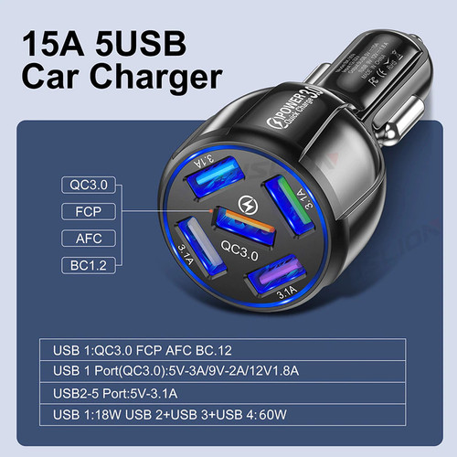 BK-355 Charger Mobil USB 5 Port QC 3.0 Car Lighter Slot 1.8A 15A Hitam