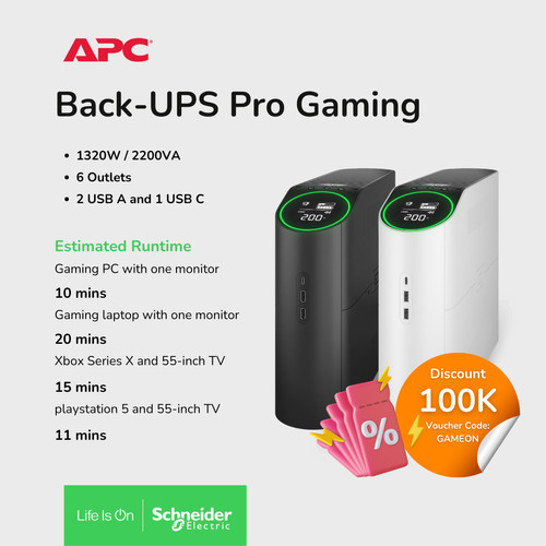 UPS APC Back-UPS Pro Gaming Sinewave Hitam Putih BGM2200-MSX BGM2200B-MSX