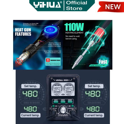 Yihua 995D+-I Blower Solder Uap Hot Air 2 IN 1 Solder Station 110W ORI