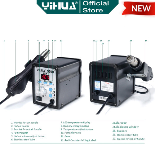 Yihua 959D Blower Solder Uap Hot Air Gun SMD Rework Station Digital OR