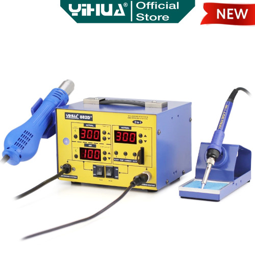 Yihua 882D+ Blower Solder Uap Hot Air Gun 2 IN 1 Soldering Station ORI