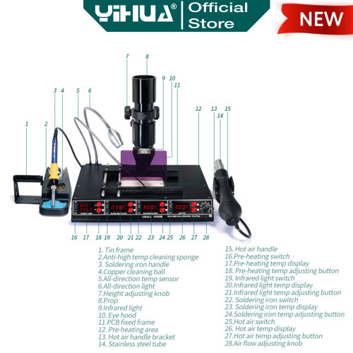 Yihua 1000B 4 IN 1 Blower Uap Infrared Lamp Solder Preheating Station