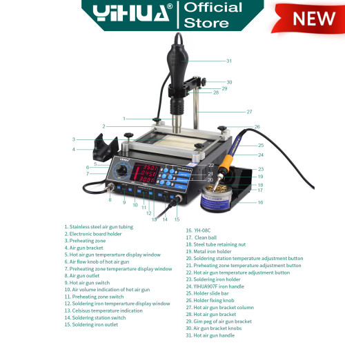 Yihua 853AAA Blower Uap Hot Air Gun Solder Station 3 IN1 Preheater ORI